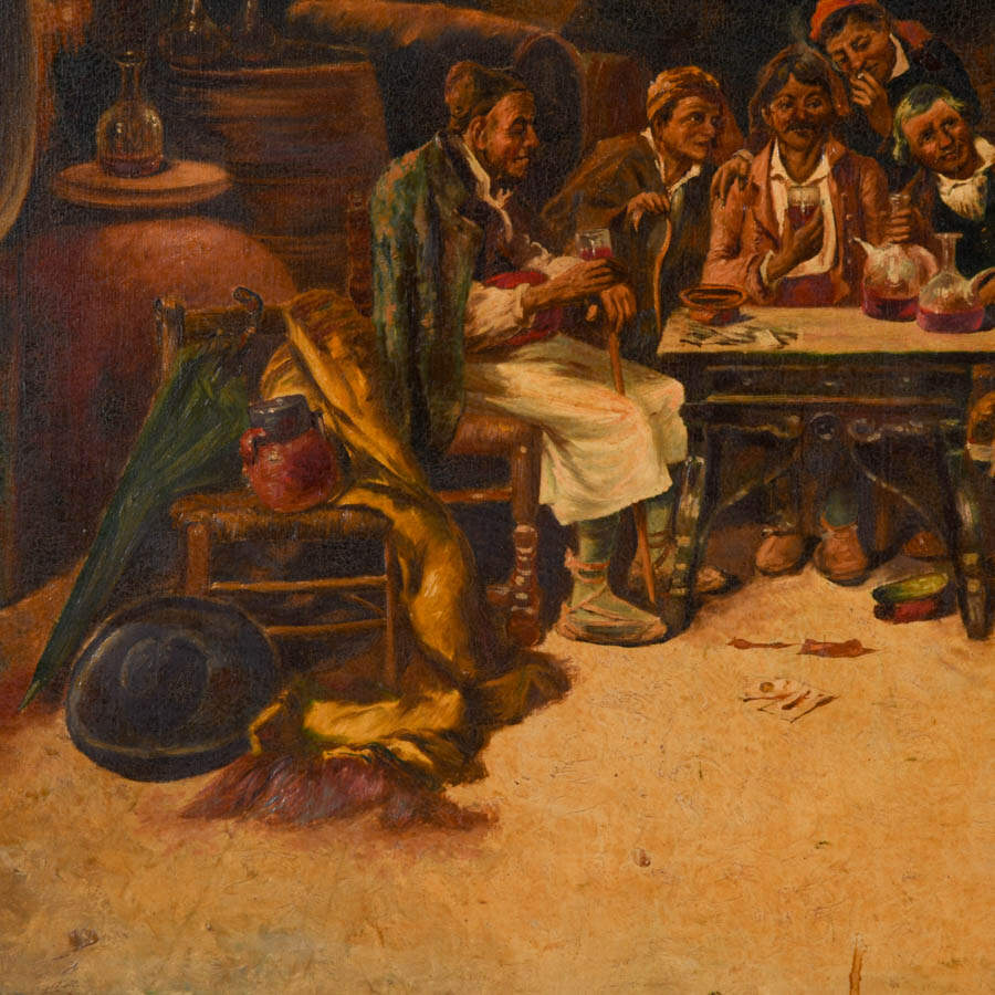 Antique Framed Signed E. Venni Wine, Bread, and Brotherhood Oil on Canvas-3
