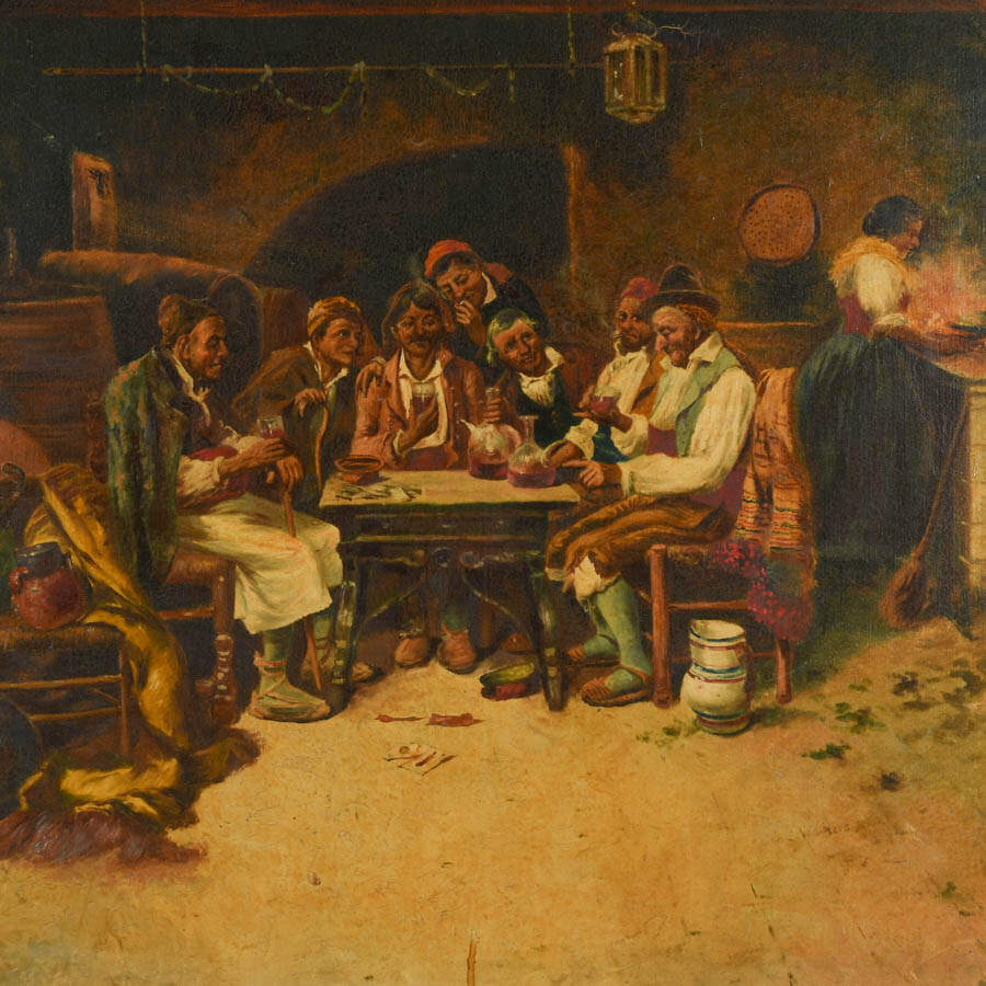 Antique Framed Signed E. Venni Wine, Bread, and Brotherhood Oil on Canvas-2