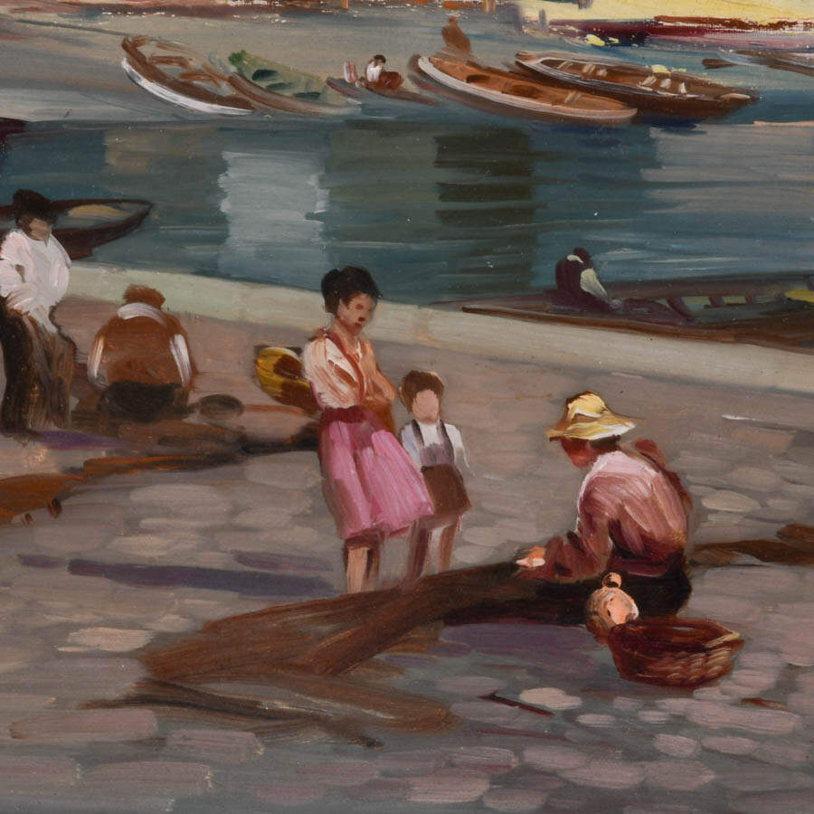 Framed Signed Afternoon in the Fishing Village Oil on Canvas-3