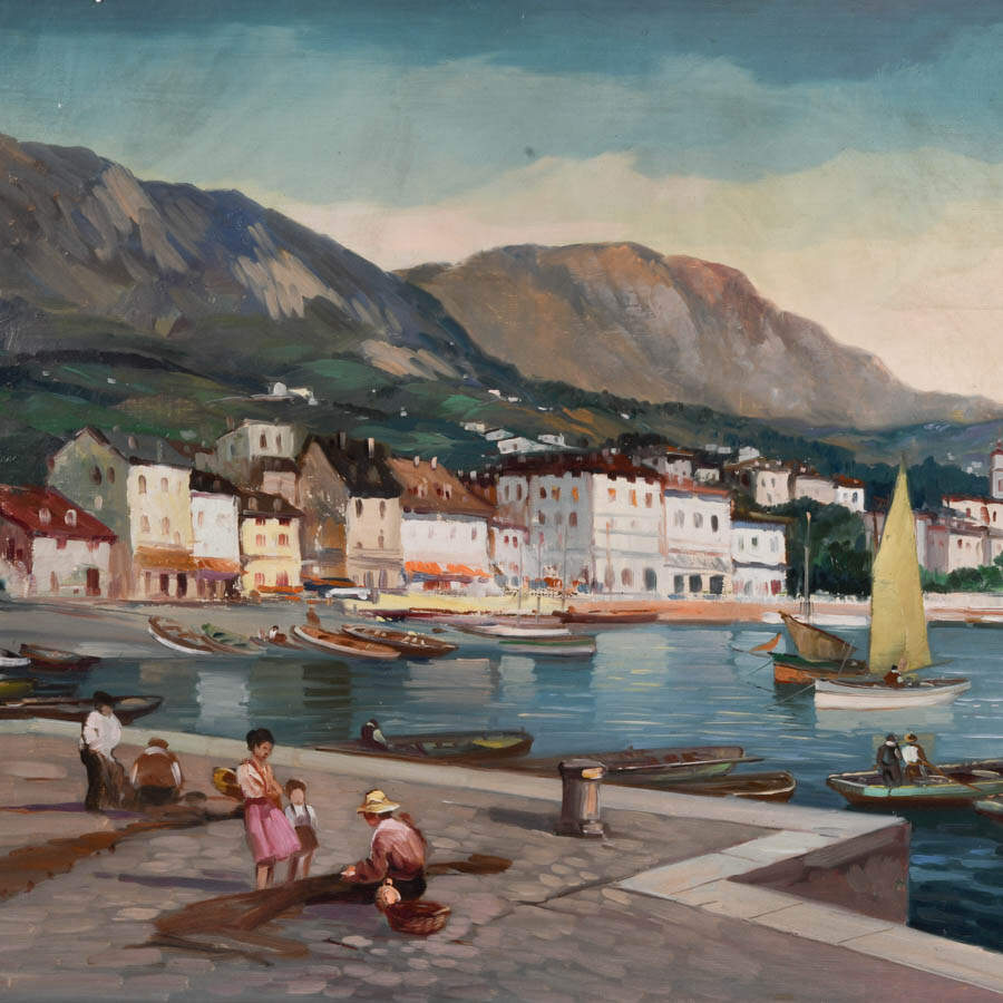 Framed Signed Afternoon in the Fishing Village Oil on Canvas-2