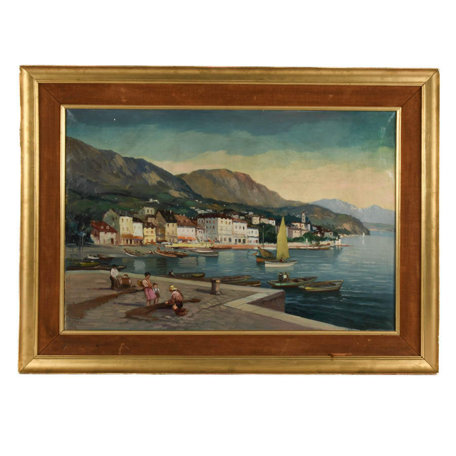 Framed Signed Afternoon in the Fishing Village Oil on Canvas-1