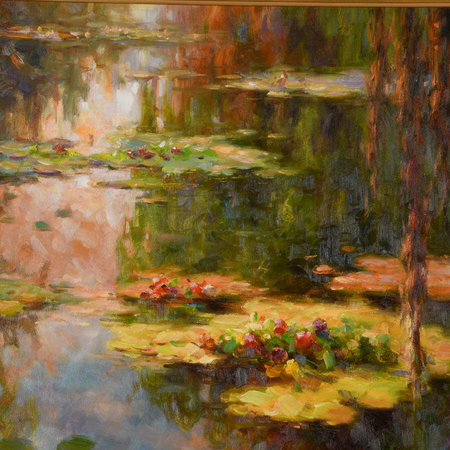 Framed Signed Zhao Song Lilypads in Evening Oil on Canvas-3