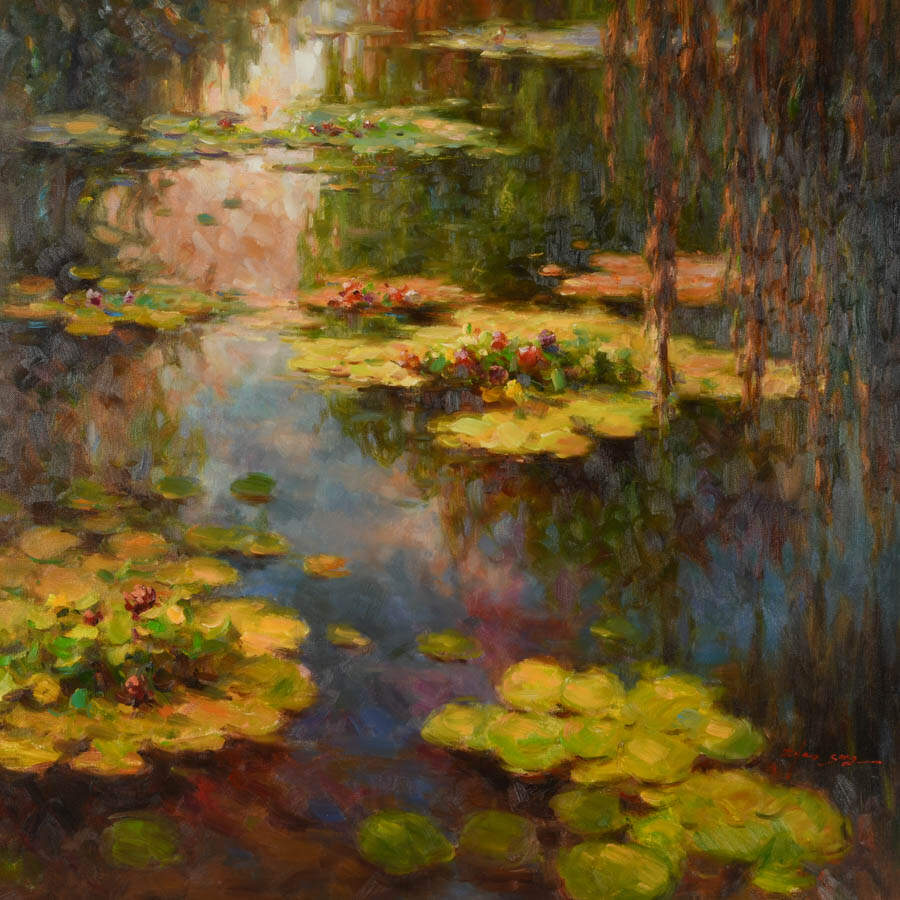 Framed Signed Zhao Song Lilypads in Evening Oil on Canvas-2
