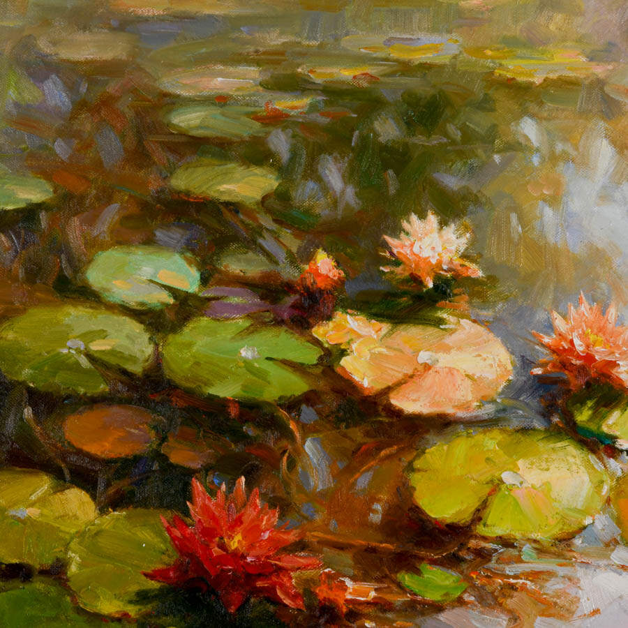 Framed Signed Zhao Song Floating Lilypads Oil on Canvas-3