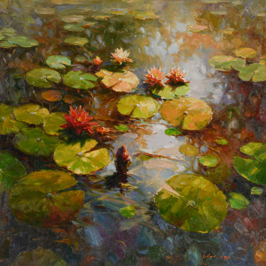 Framed Signed Zhao Song Floating Lilypads Oil on Canvas-2
