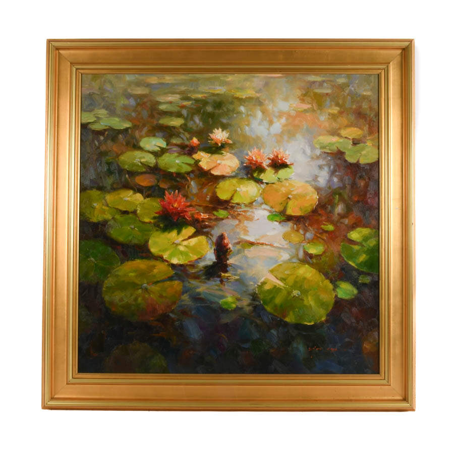 Framed Signed Zhao Song Floating Lilypads Oil on Canvas-1