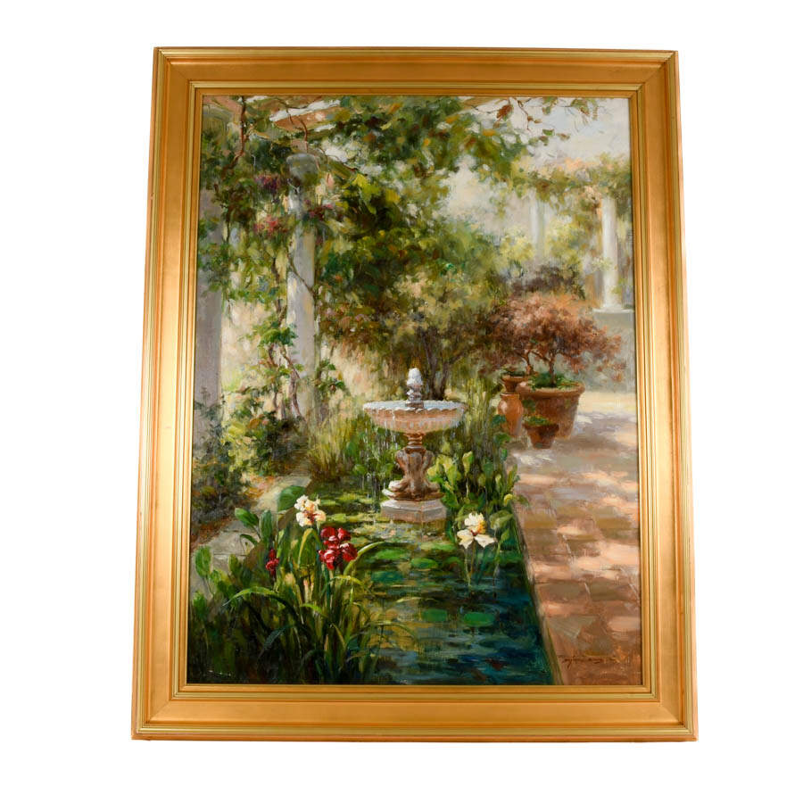 Framed Signed Zhao Song Sunlight In the Garden Oil on Canvas-1