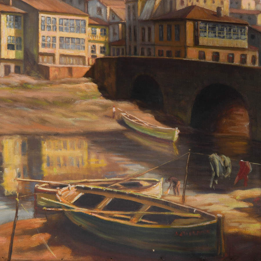 Framed Signed Vidal Couce Riverside Village Scene Oil on Canvas-4