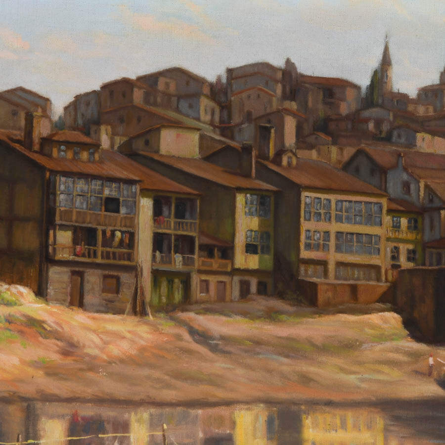 Framed Signed Vidal Couce Riverside Village Scene Oil on Canvas-3