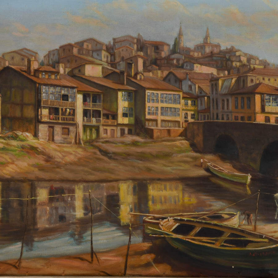 Framed Signed Vidal Couce Riverside Village Scene Oil on Canvas-2
