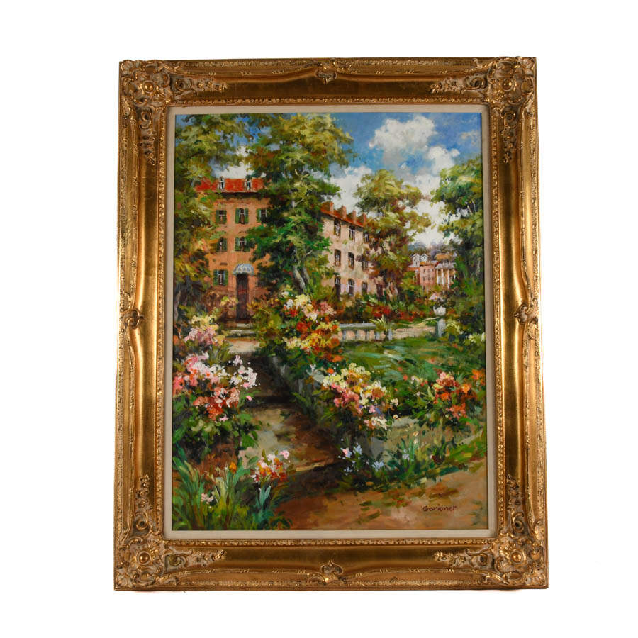 Framed Signed Ganionet Garden Promenade Oil on Canvas-1