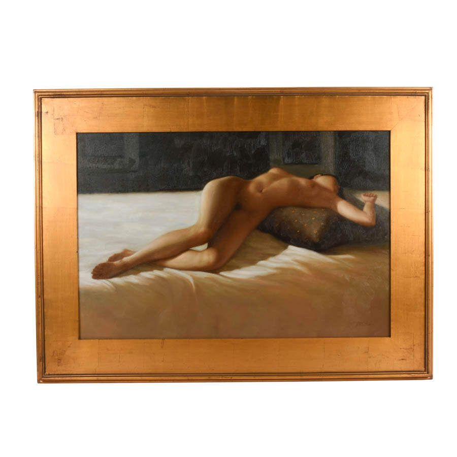 Framed Signed Reclining Nude Oil on Canvas Attributed to David Condori-1