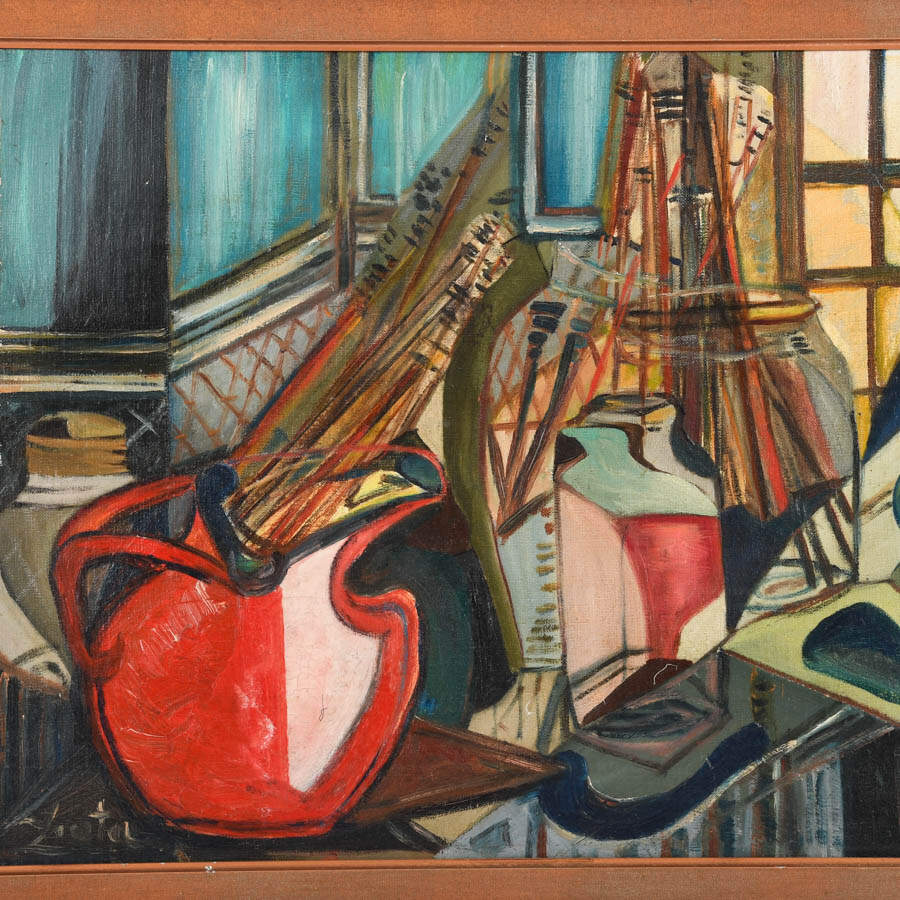 Framed Signed Abstract Artist's Tablescape Oil on Canvas-2