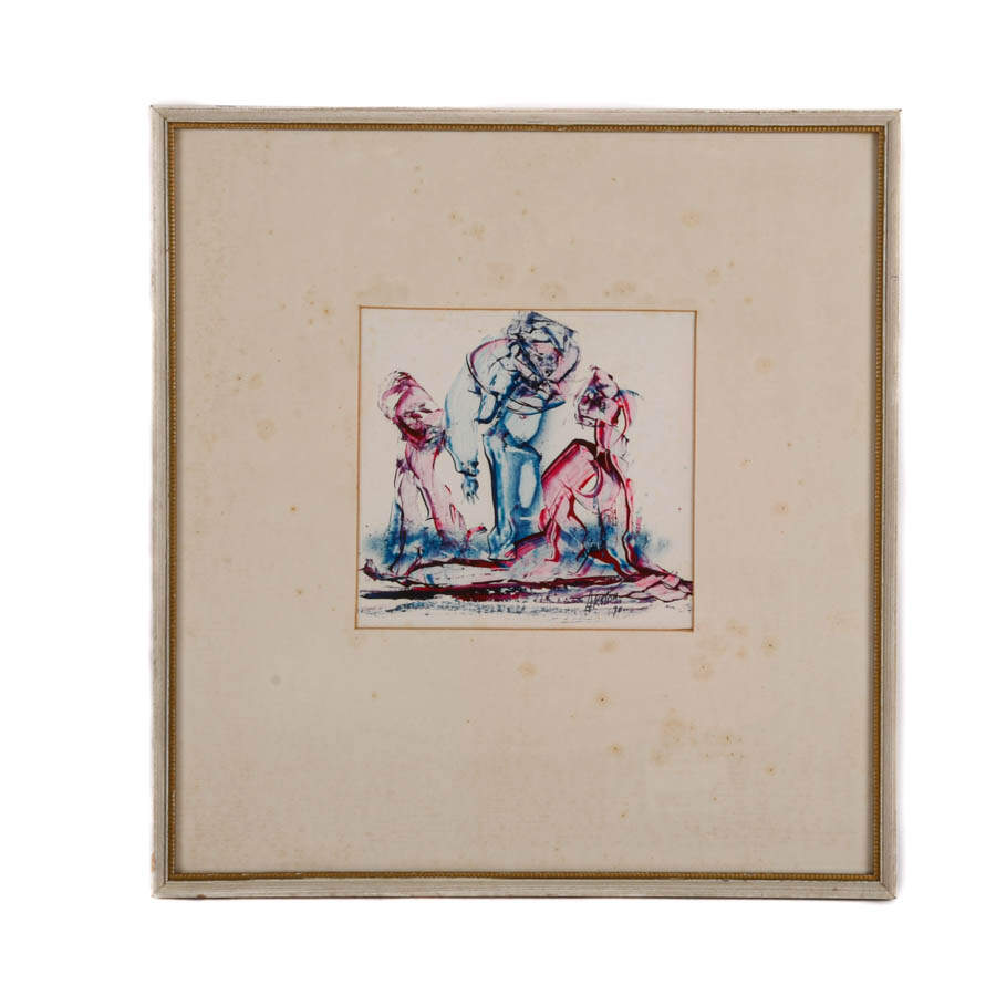 Framed J. Akston "Friendly Chatter, 1970" Oil on Paper-1