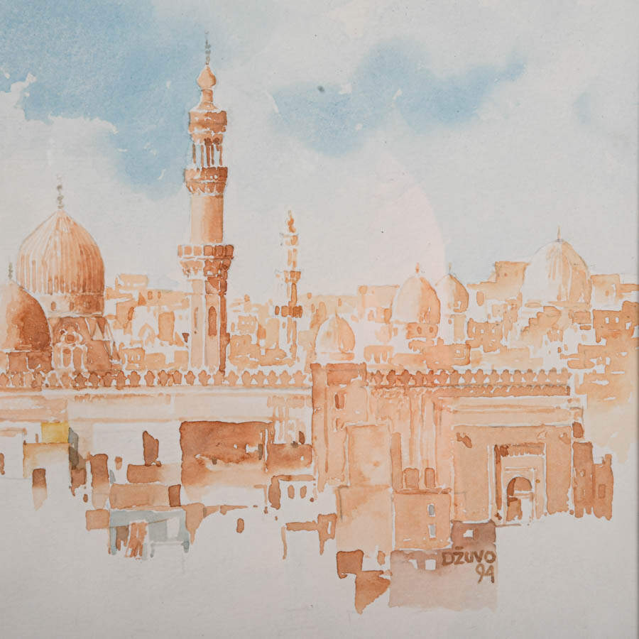 Framed Ahmed Dzuvic Echoes Above the Rooftops Architectural Watercolor-3
