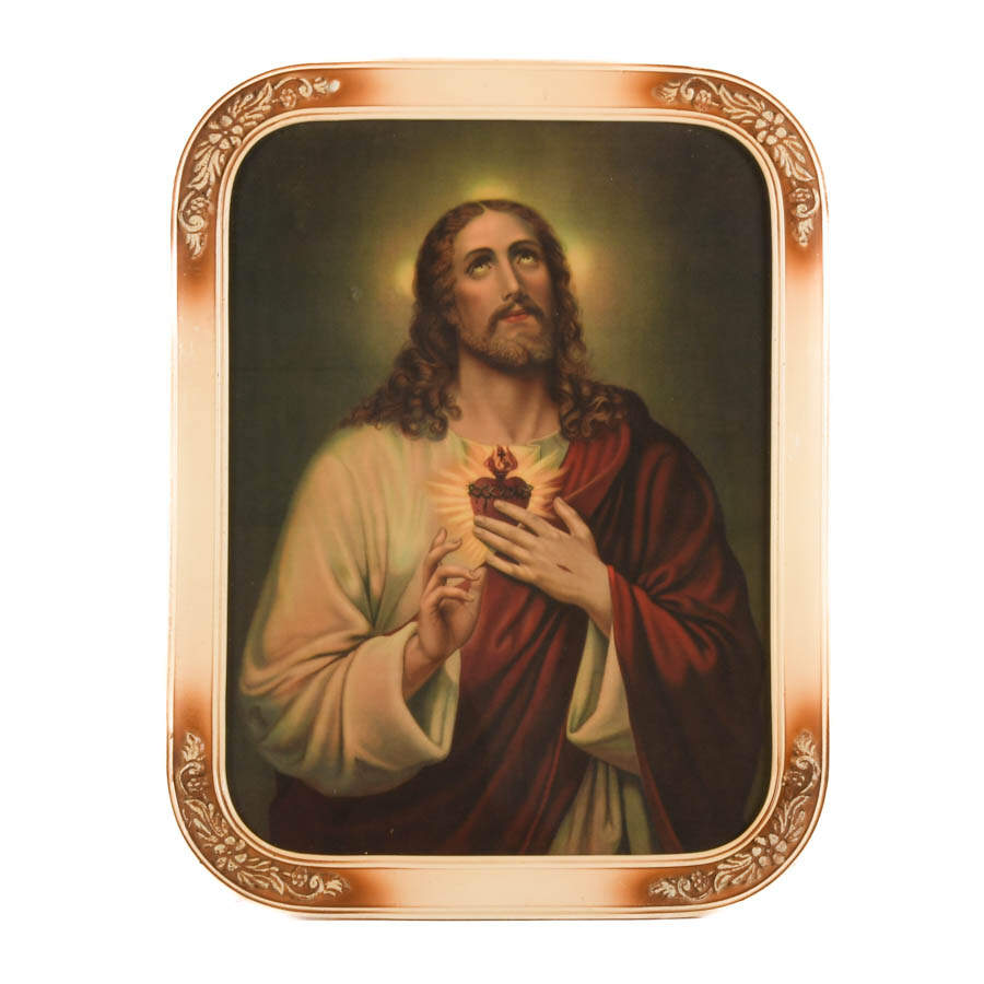 Pair Art Deco Framed Jesus and Mary Portraits-3
