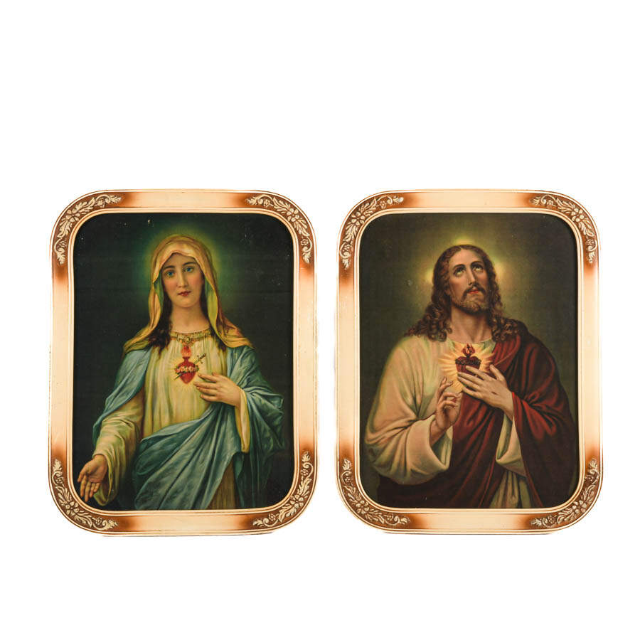 Pair Art Deco Framed Jesus and Mary Portraits-1