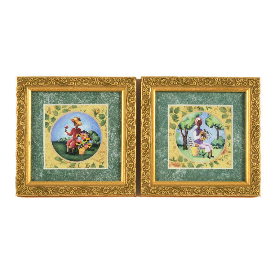 Framed Signed Condon Pair of Figural People Giclée Watercolors-1