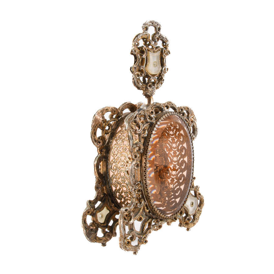 Hollywood Regency Gold Filigree and Mother of Pearl Inset Perfume Bottle-5