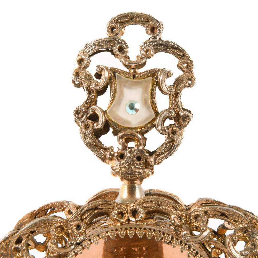 Hollywood Regency Gold Filigree and Mother of Pearl Inset Perfume Bottle-2
