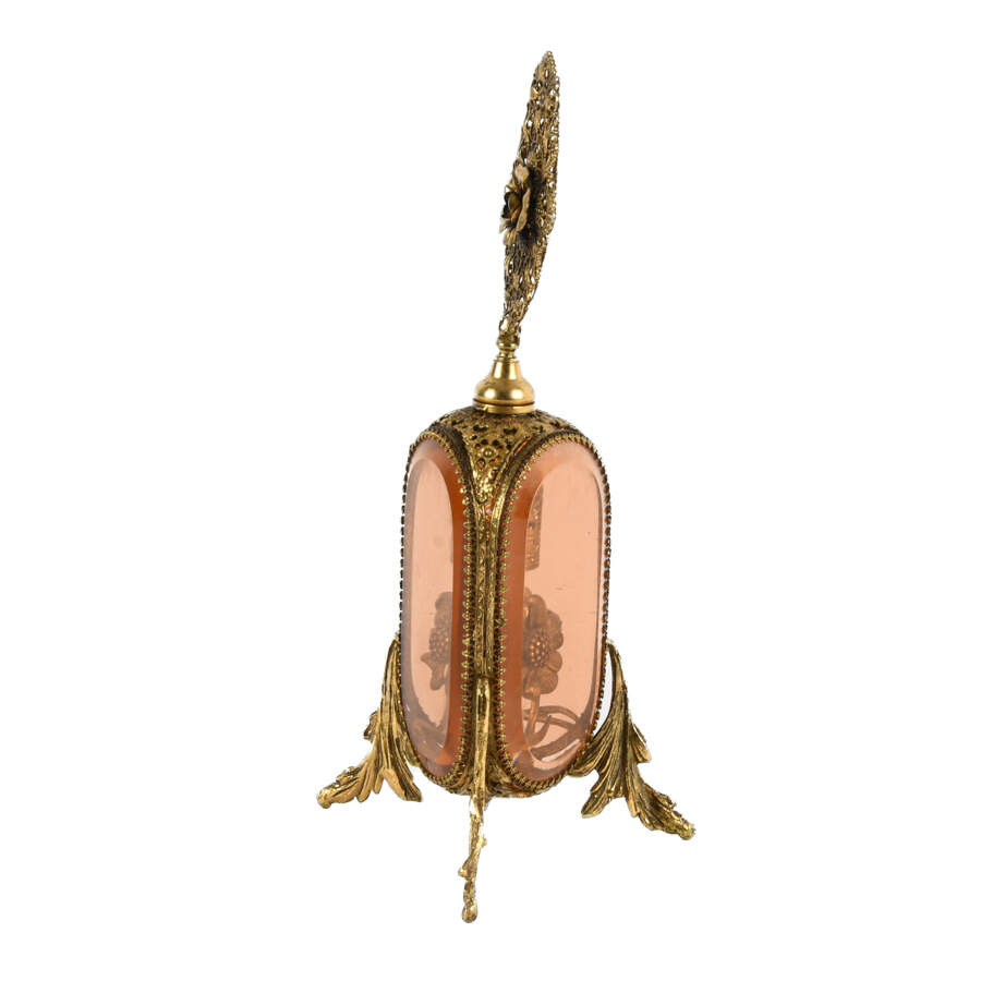 Ornate Footed Pink Glass Filigree Perfume Bottle-5
