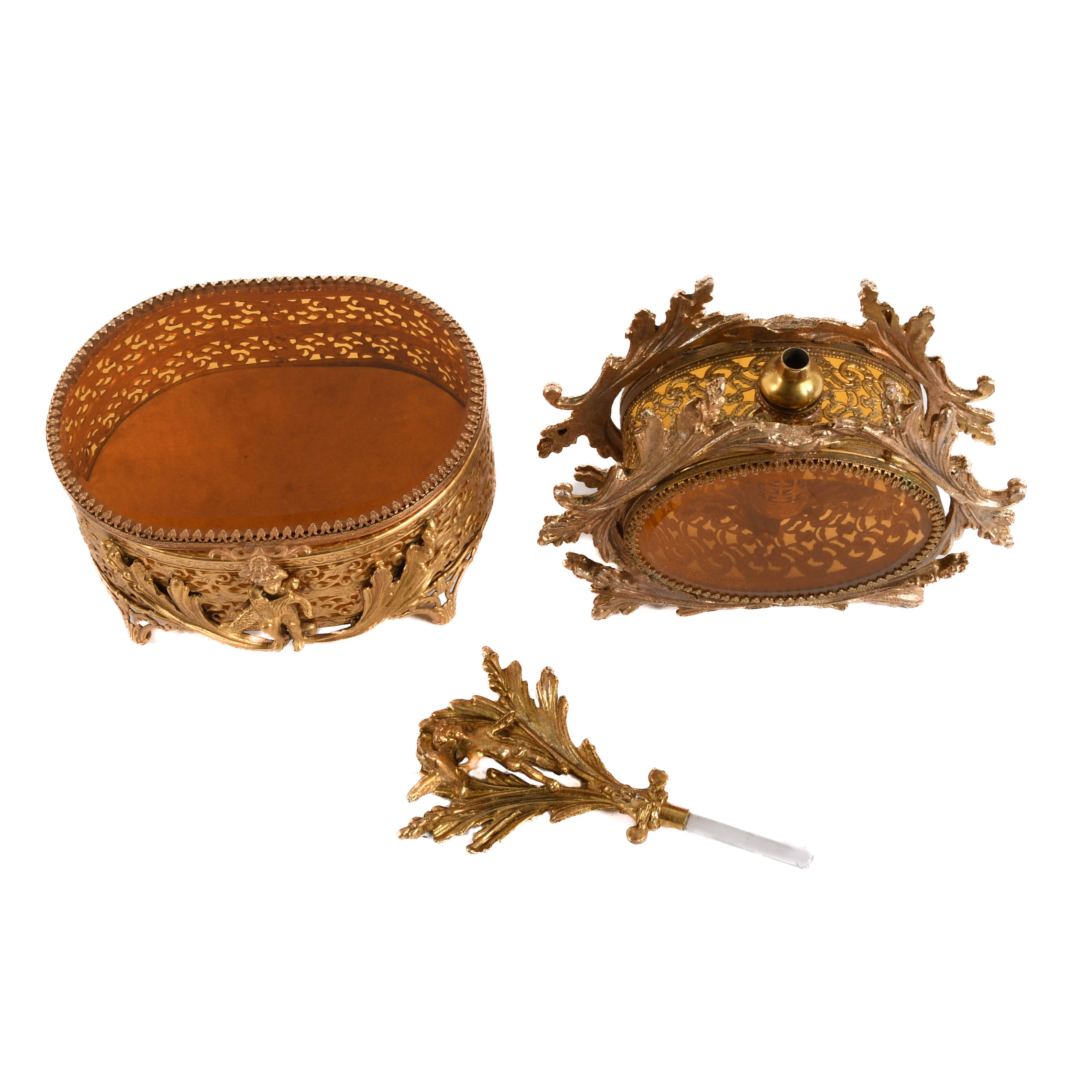 Hollywood Regency Ormolu and Brass Perfume Bottle and Trinket Box-7