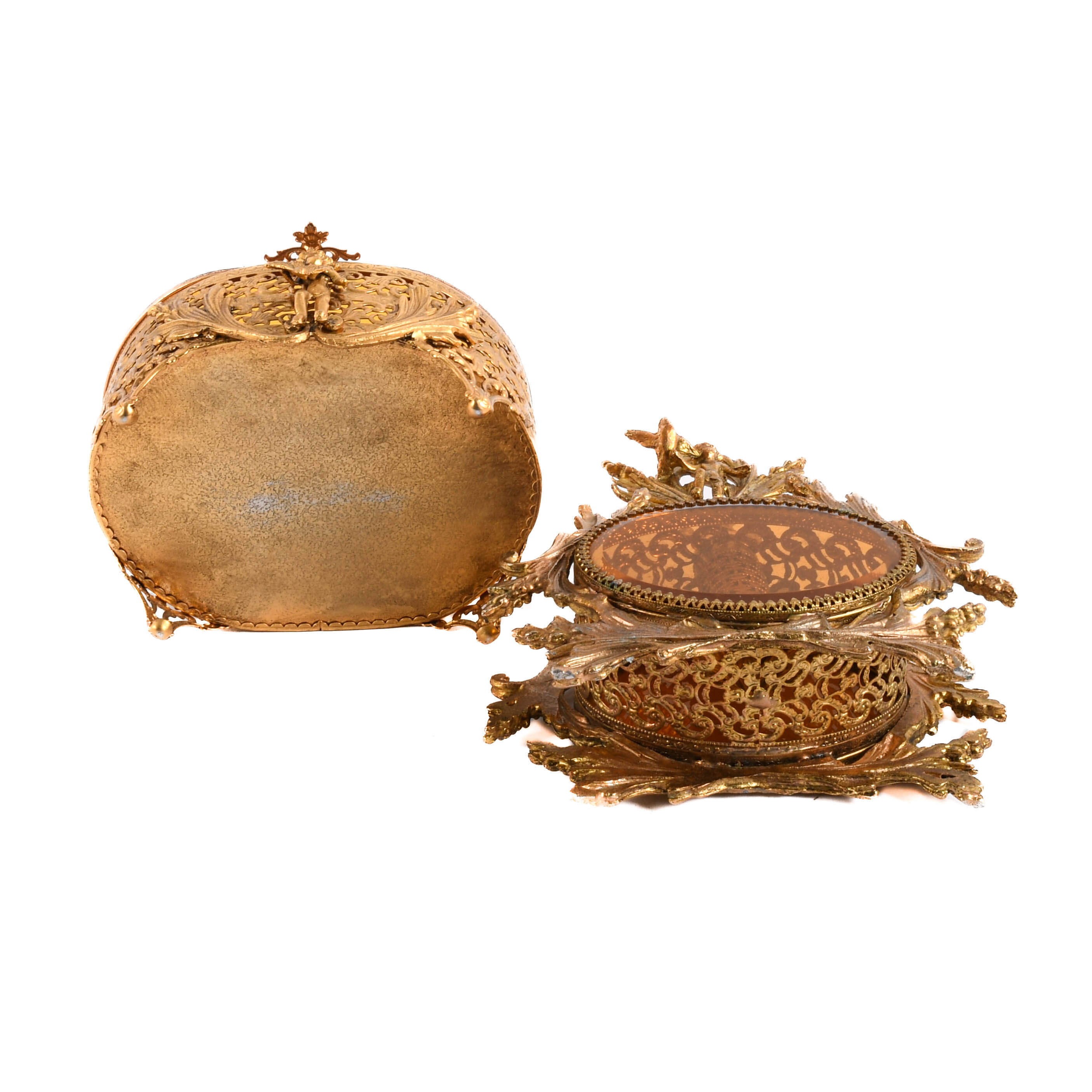 Hollywood Regency Ormolu and Brass Perfume Bottle and Trinket Box-6
