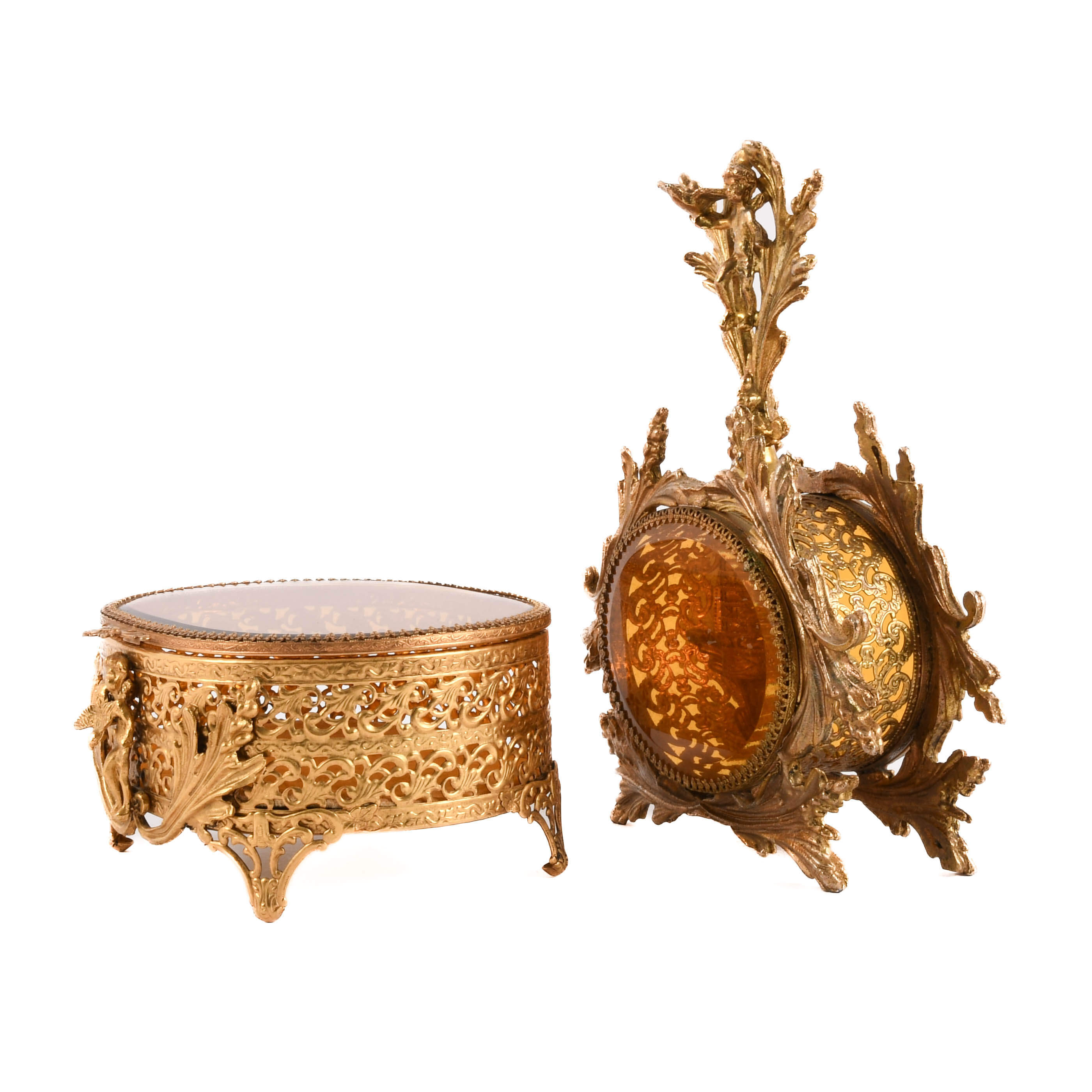 Hollywood Regency Ormolu and Brass Perfume Bottle and Trinket Box-2