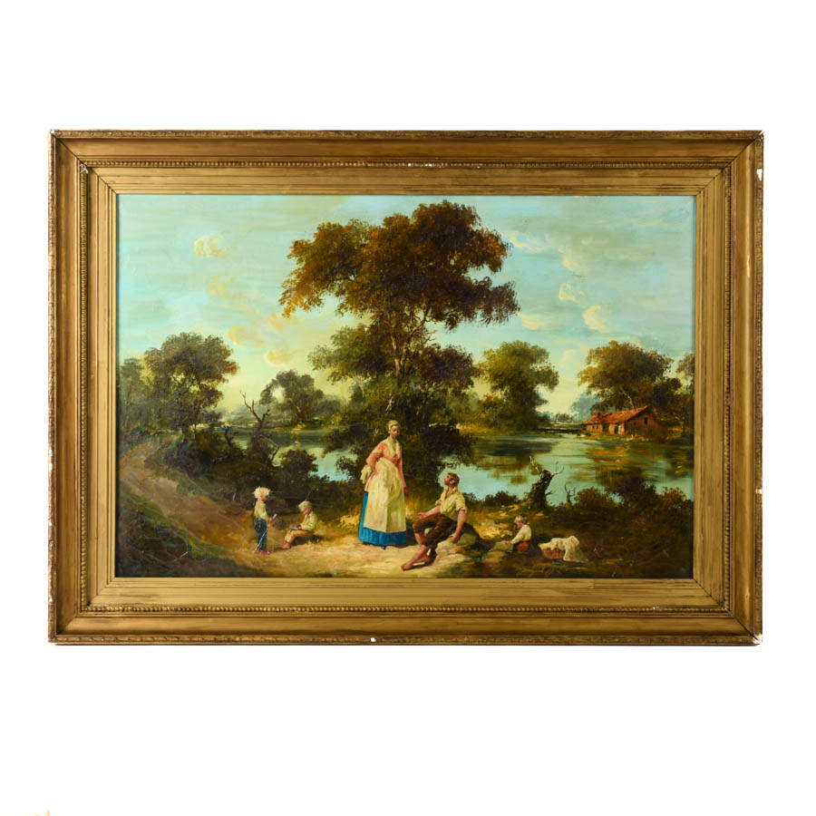 Framed "Gathering at the Water's Edge" Oil on Canvas-1