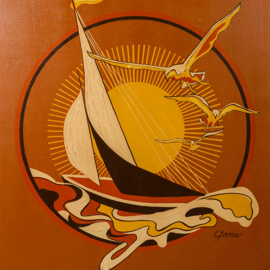 Framed Signed John Garee Sailboat Sunburst Oil on Canvas-2