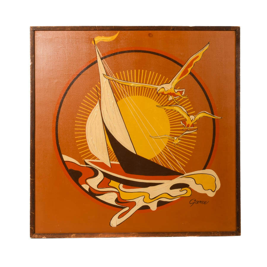 Framed Signed John Garee Sailboat Sunburst Oil on Canvas-1