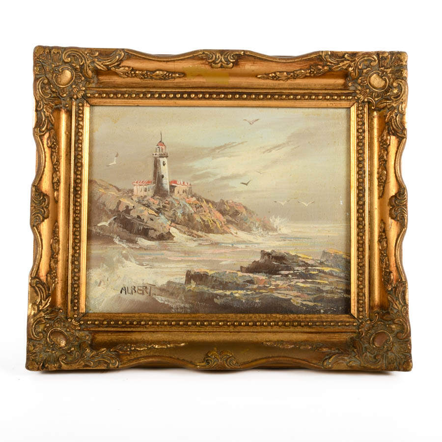 Signed Albert Lighthouse View Oil on Canvas on Board-1