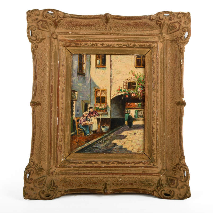 Signed Piet van Beek Exterior Courtyard Voices Oil on Canvas-1