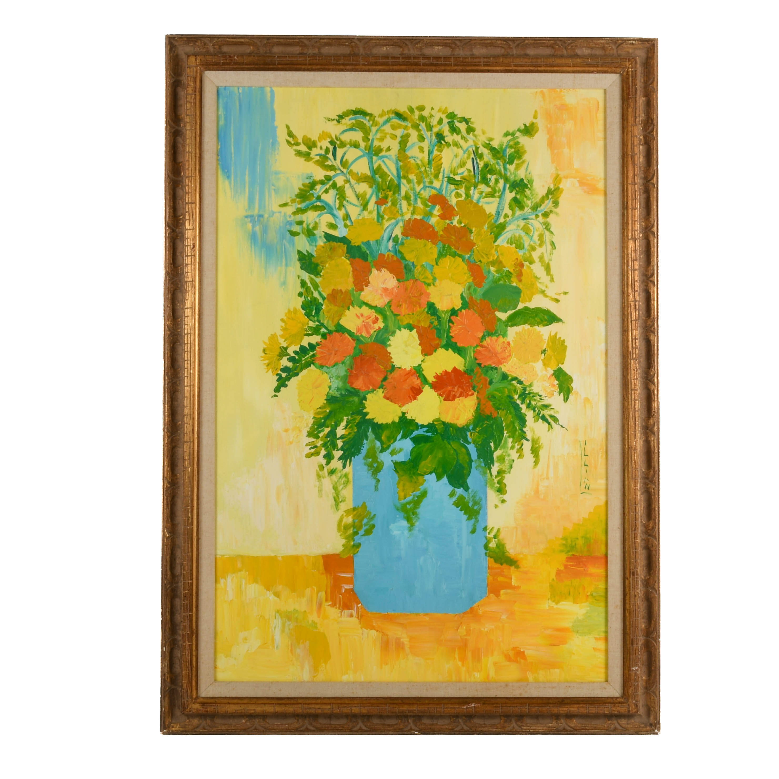 Framed Signed Illian Floral Vase Oil on Canvas-1