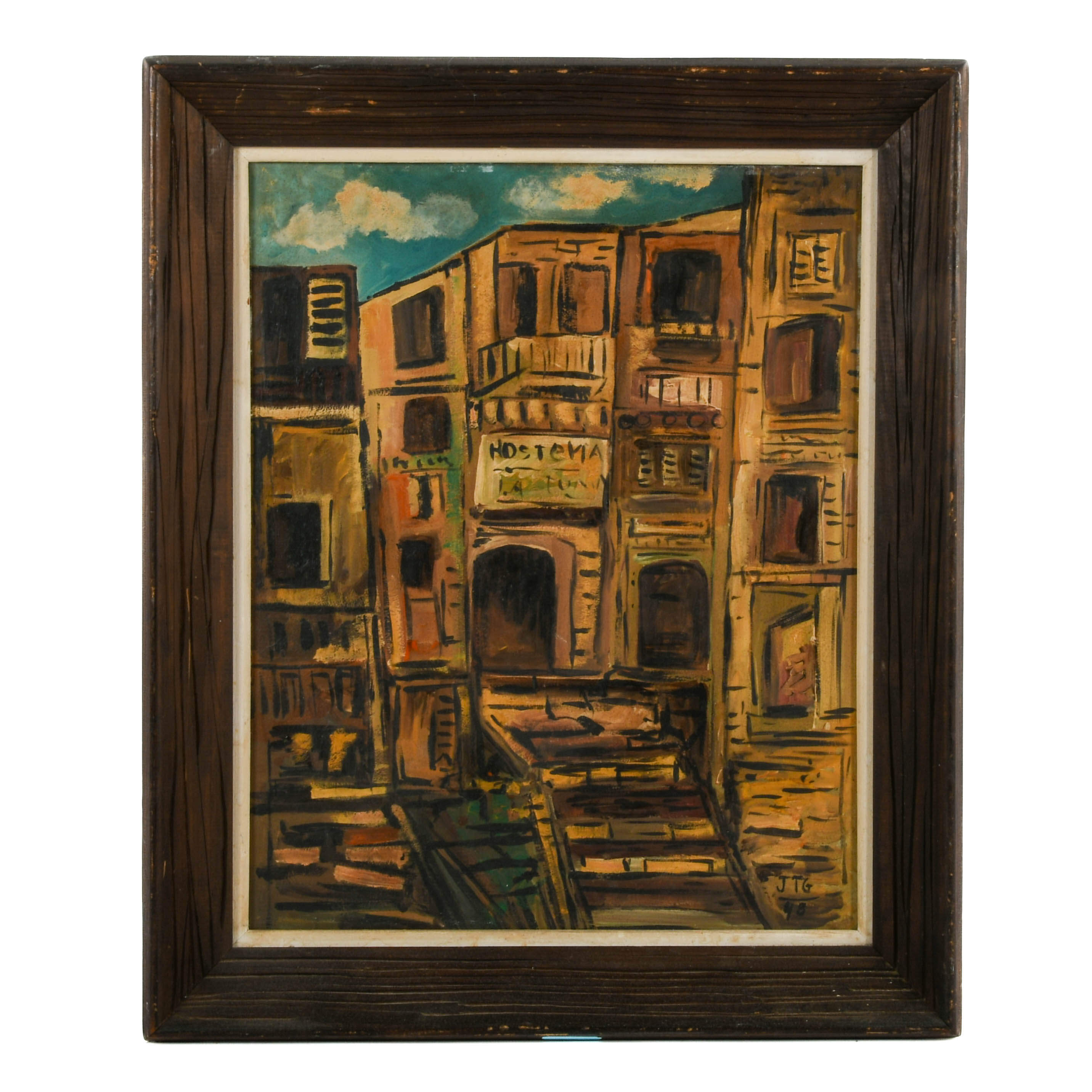 Framed Signed Cityscape Oil on Board After Joaquín Torres-García-1