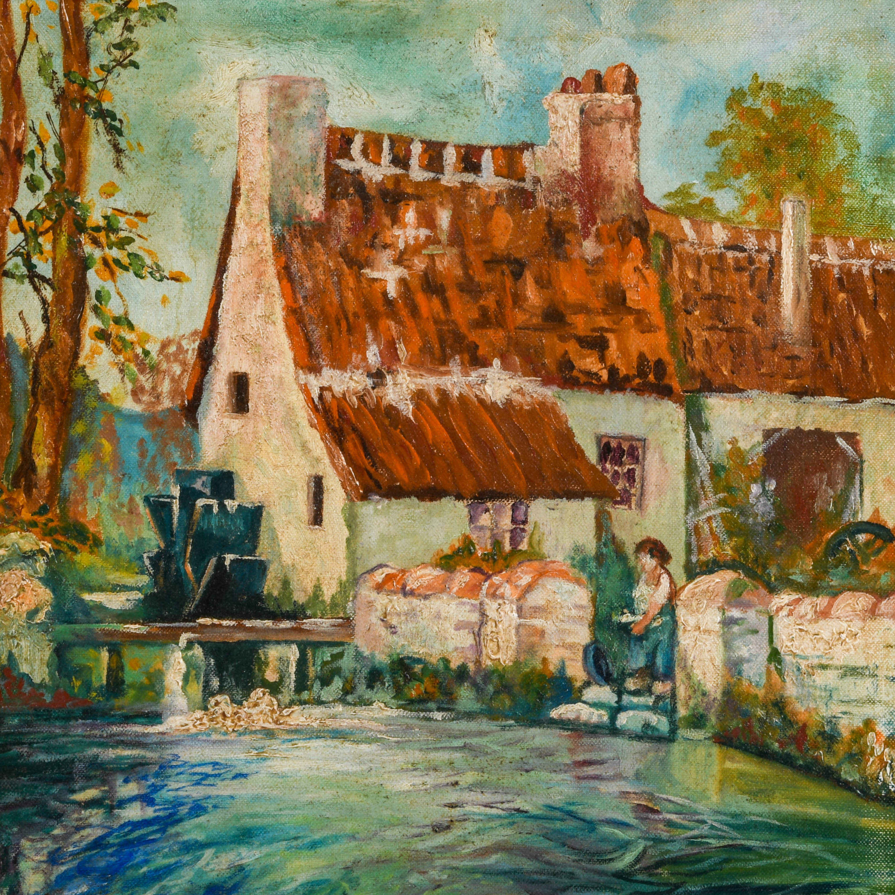 Framed Impressionist "Old Mill" Oil on Board After George Ames Aldrich-2