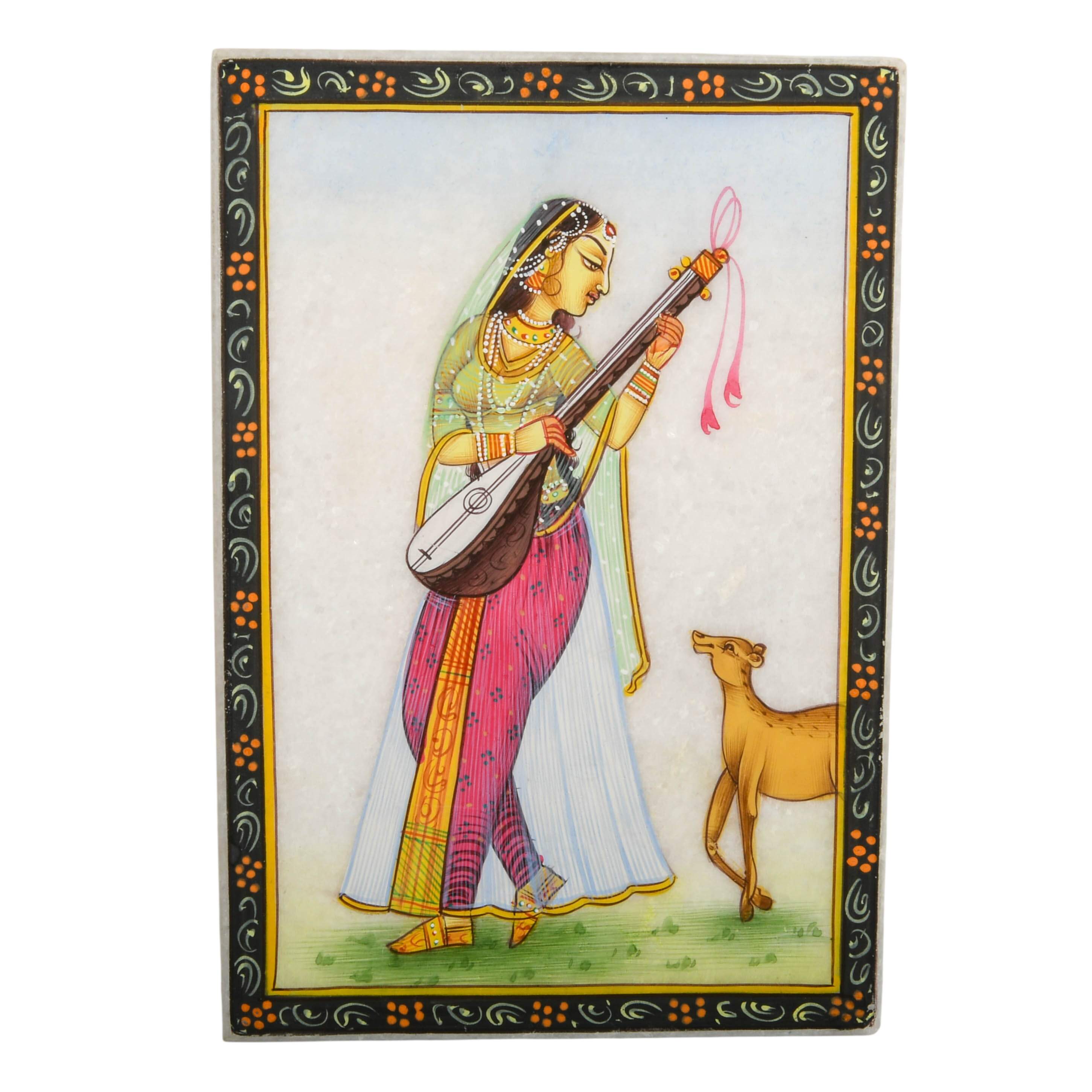 Todi Ragini Minature Painting on Marble of Heroine Nayika and Deer-1