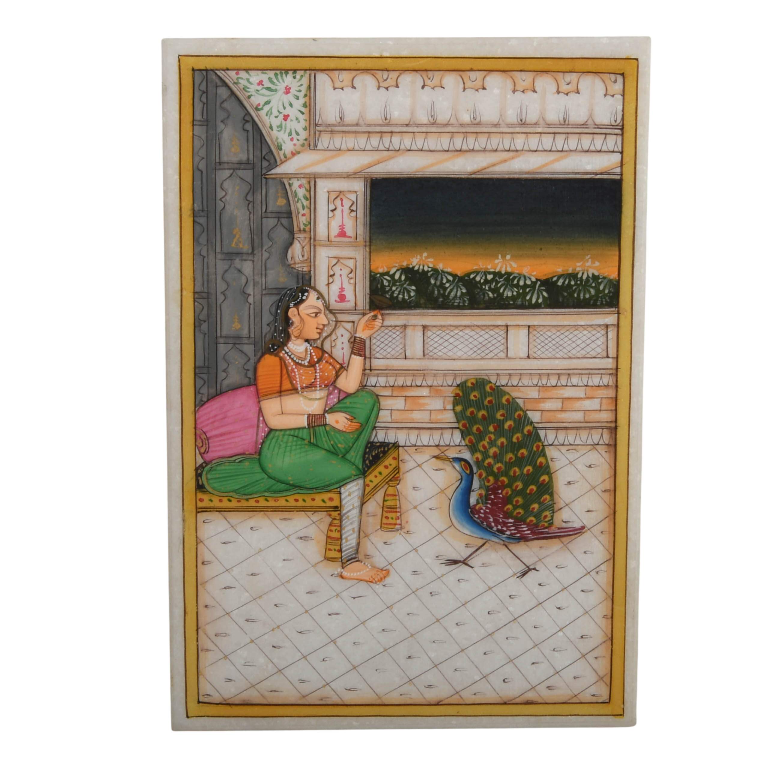 Three-Piece Miniature Indian Mughal and Harem Ragamala Paintings on Marble-5