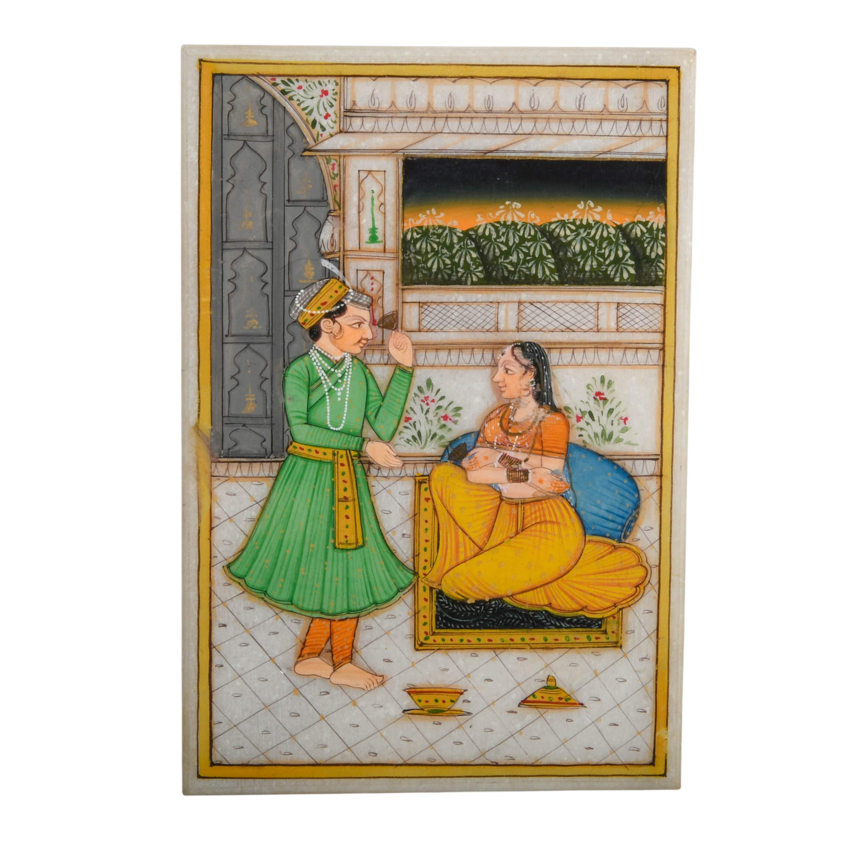 Three-Piece Miniature Indian Mughal and Harem Ragamala Paintings on Marble-3
