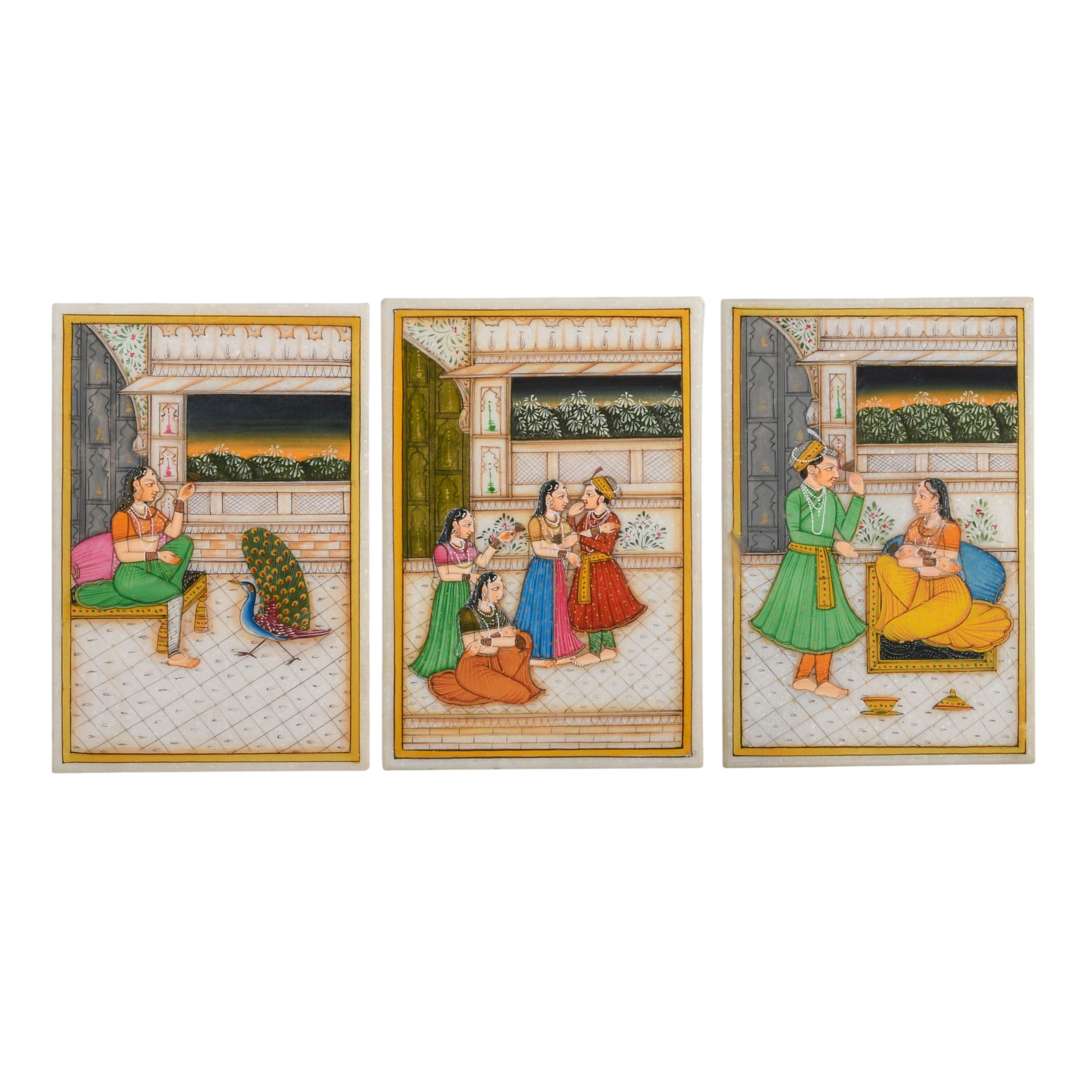 Three-Piece Miniature Indian Mughal and Harem Ragamala Paintings on Marble-1