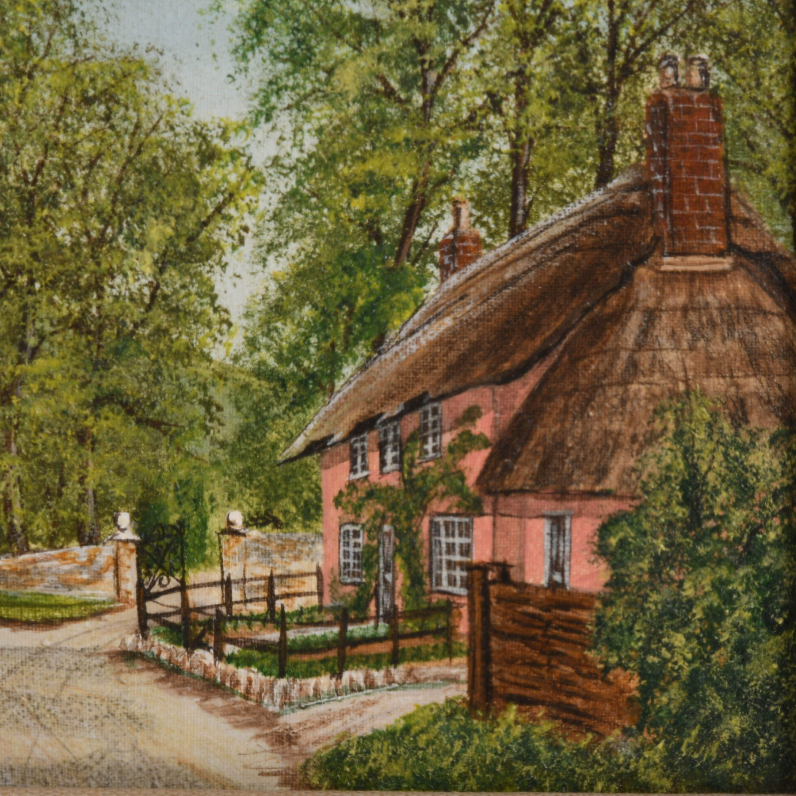Signed Chris Williams English Pink Cottage Scene Oil on Canvas-5