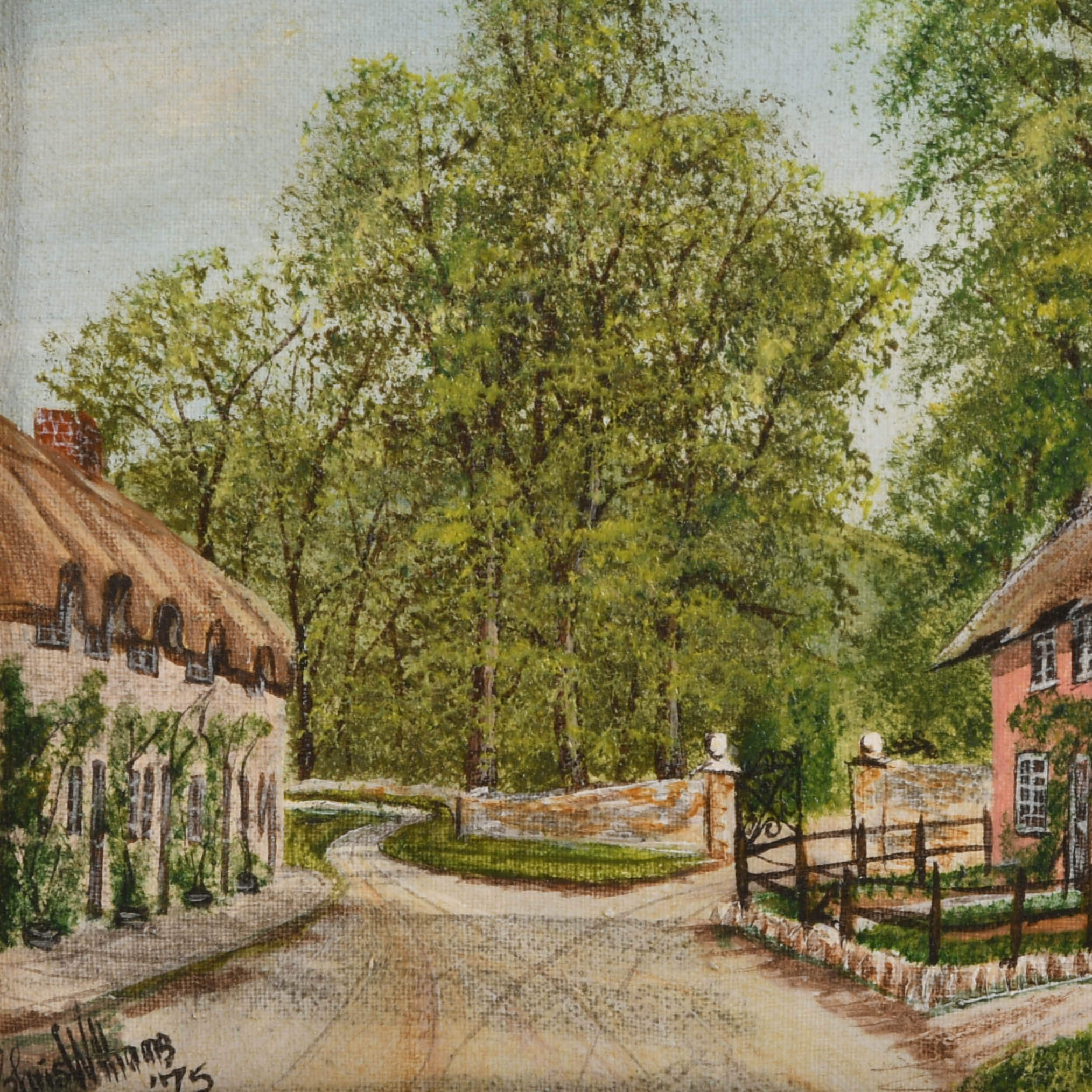 Signed Chris Williams English Pink Cottage Scene Oil on Canvas-4