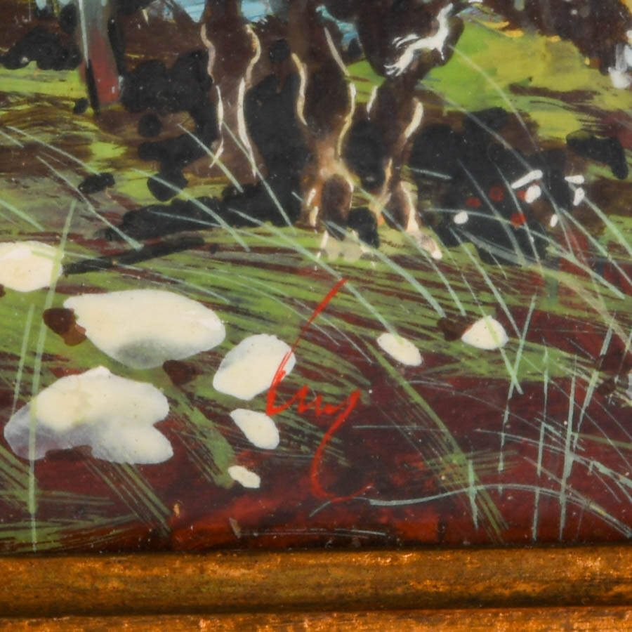 Signed Chilean Enamel on Copper Bucolic Oxcart Painting in Dome Glass-5
