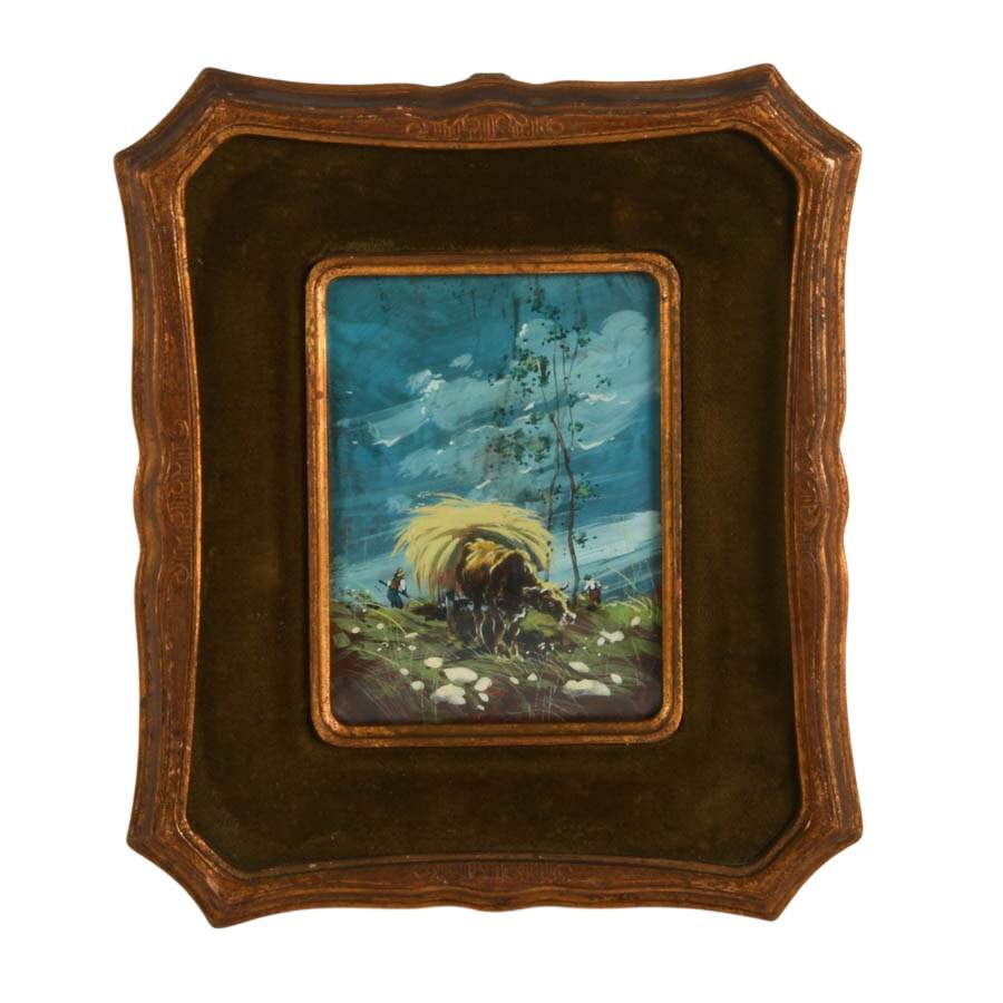 Signed Chilean Enamel on Copper Bucolic Oxcart Painting in Dome Glass-1