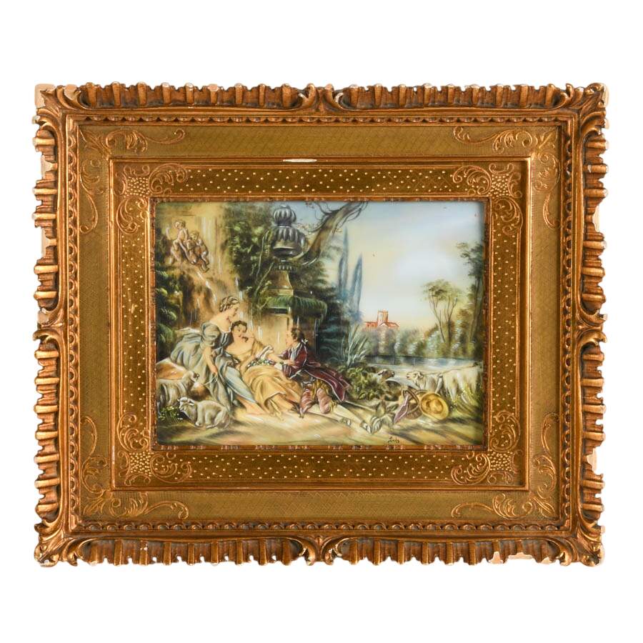 Framed "Les Charmes de la Vie Champetre" Celluloid Painting After Boucher-1