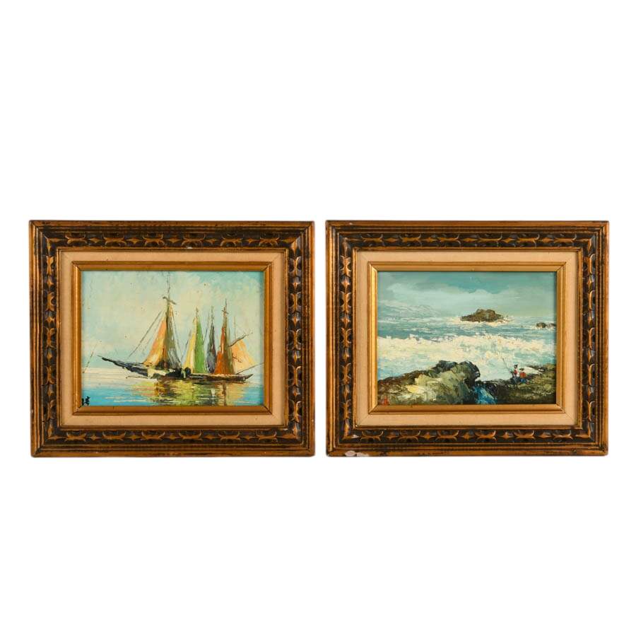 Framed Pair of Signed Boat and Coastal Scene Oil Paintings on Board-1