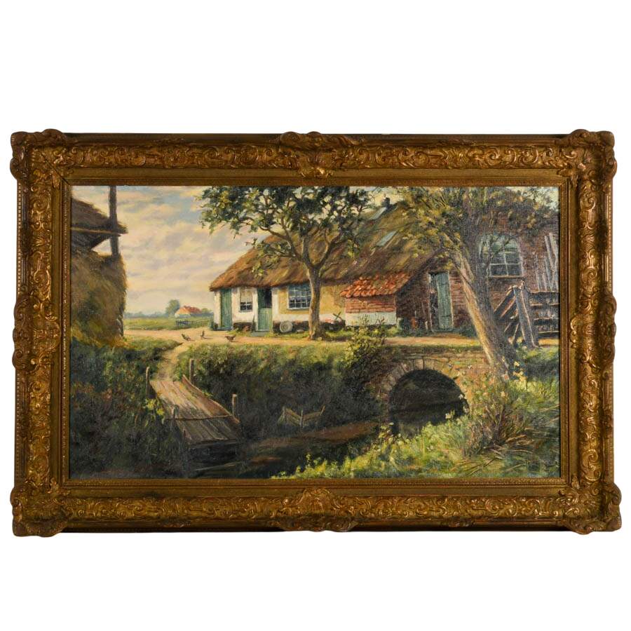 Framed Signed Dutch Cottage Scene Oil on Canvas-1