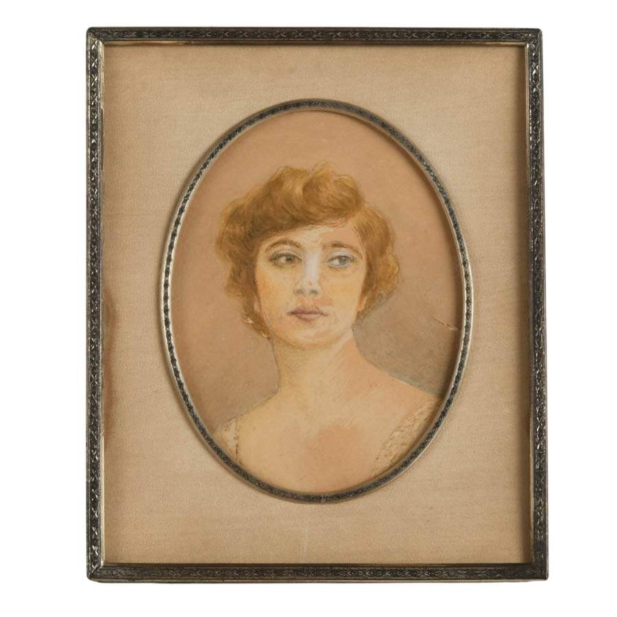 Framed Unsigned Watercolor Portrait of a 1920's Lady with Bobbed Hair-1