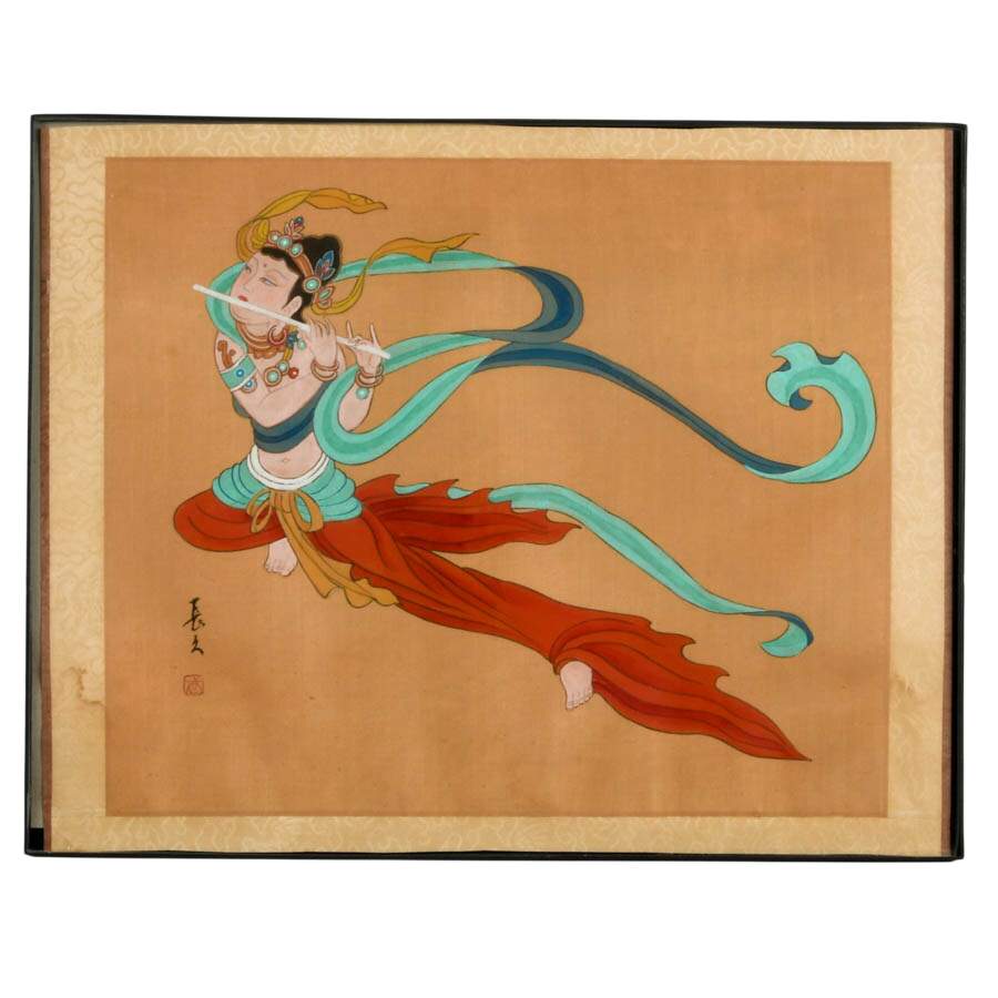Set of Four Signed Chinese Flying Apsara Silk Paintings-8