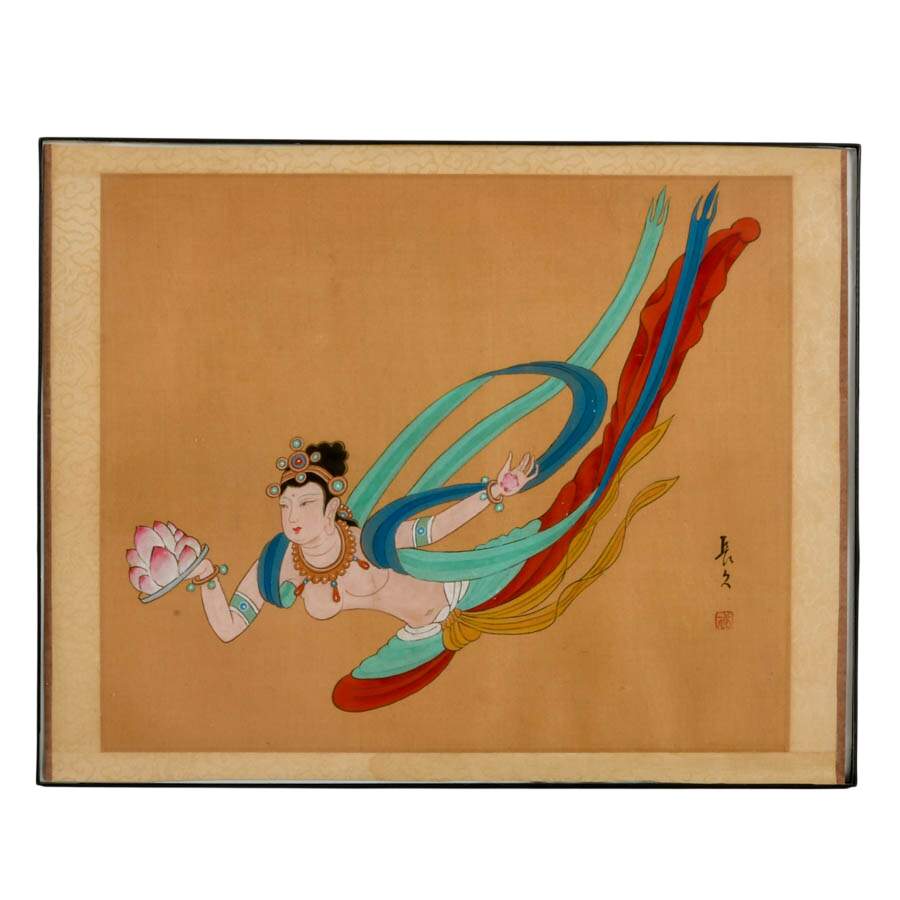 Set of Four Signed Chinese Flying Apsara Silk Paintings-4